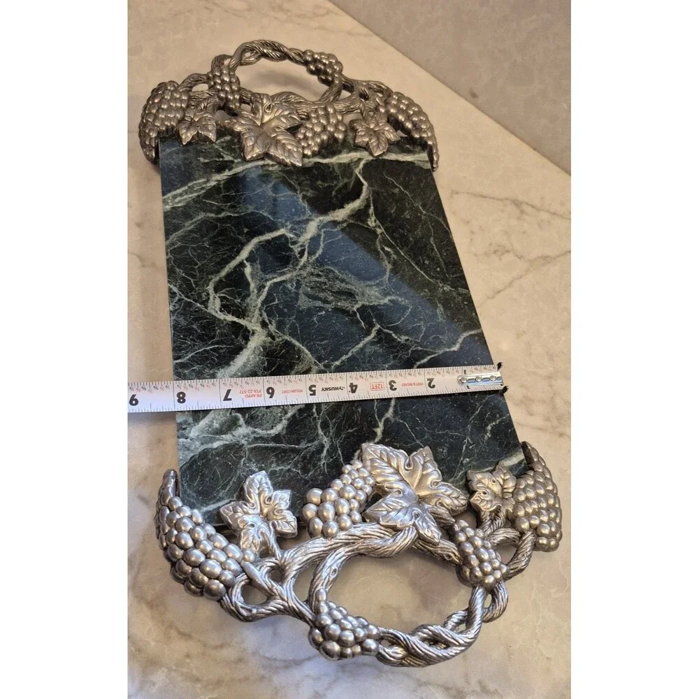 Vintage Godinger Green Marble Serving Tray ornate silver-plated Grape Cluters